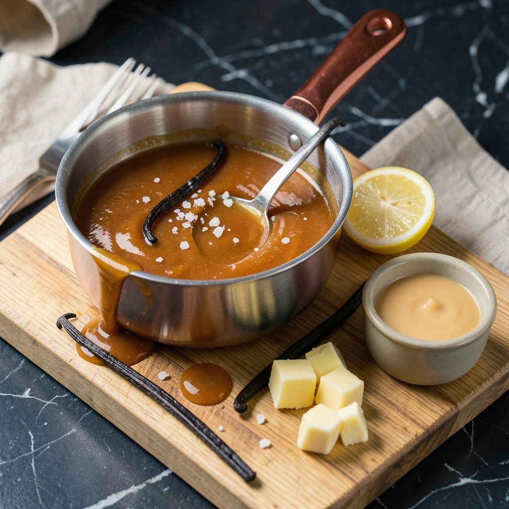 Visual representation of easy homemade caramel sauce recipe without corn syrup