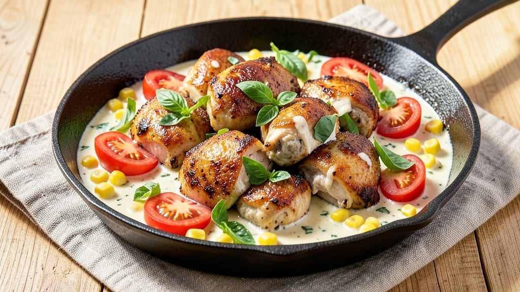 Creamy Basil Chicken Skillet With Corn and Tomato Recipe: Herby Tomato-Cream Sauce in One Pan