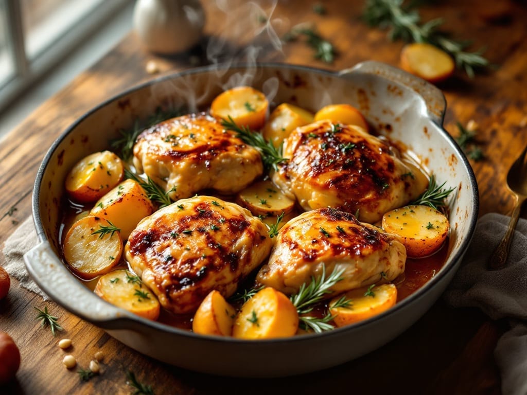 Chicken Thighs and Potatoes Oven Recipe: Herb-Crusted Roast With Caramelized Spuds