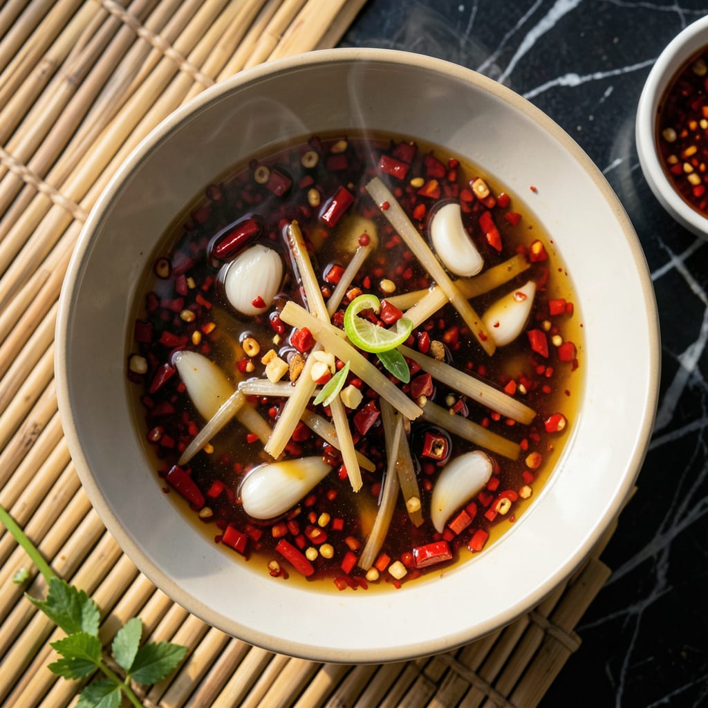 Hainanese Chicken Rice Chili Sauce Recipe: Spicy Garlic and Ginger Drizzle example with annotations