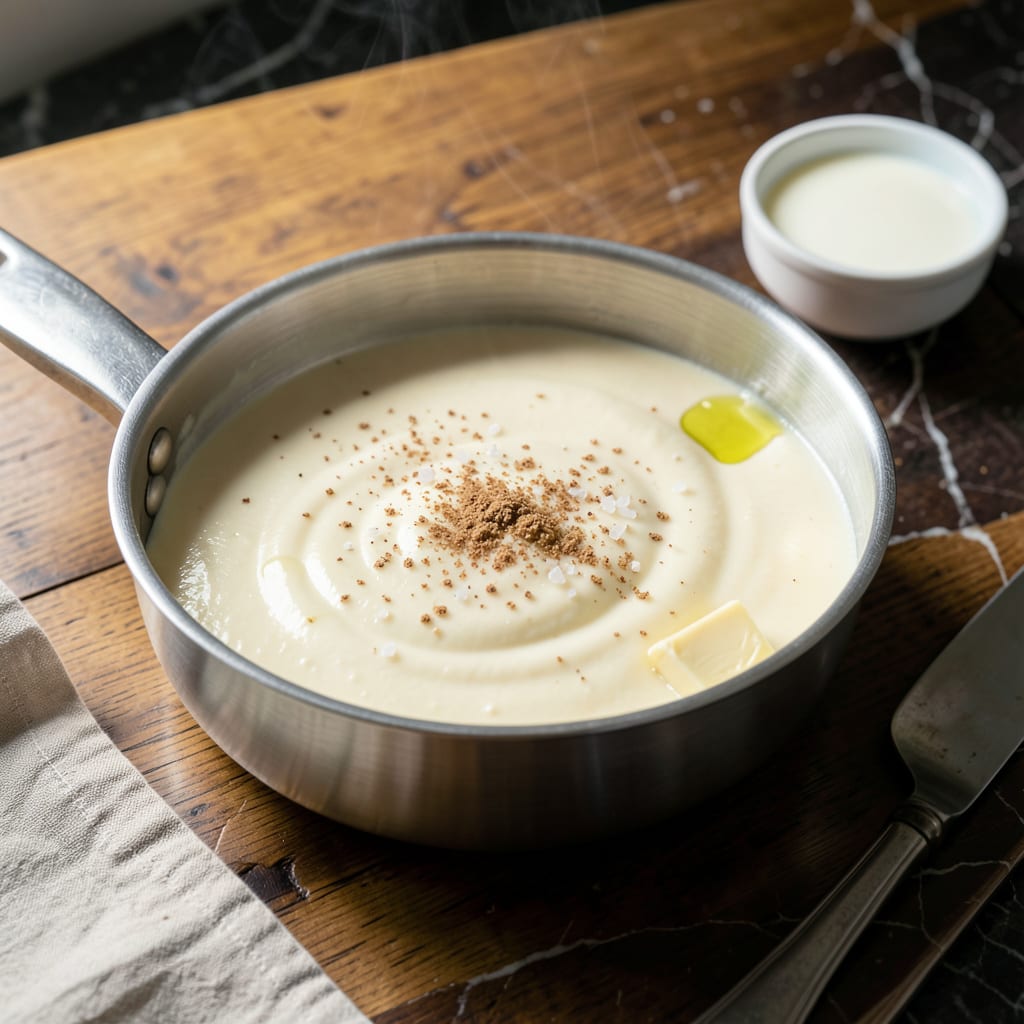 Homemade Bechamel Sauce Recipe: Smooth and Velvety White Sauce Base illustration with key details