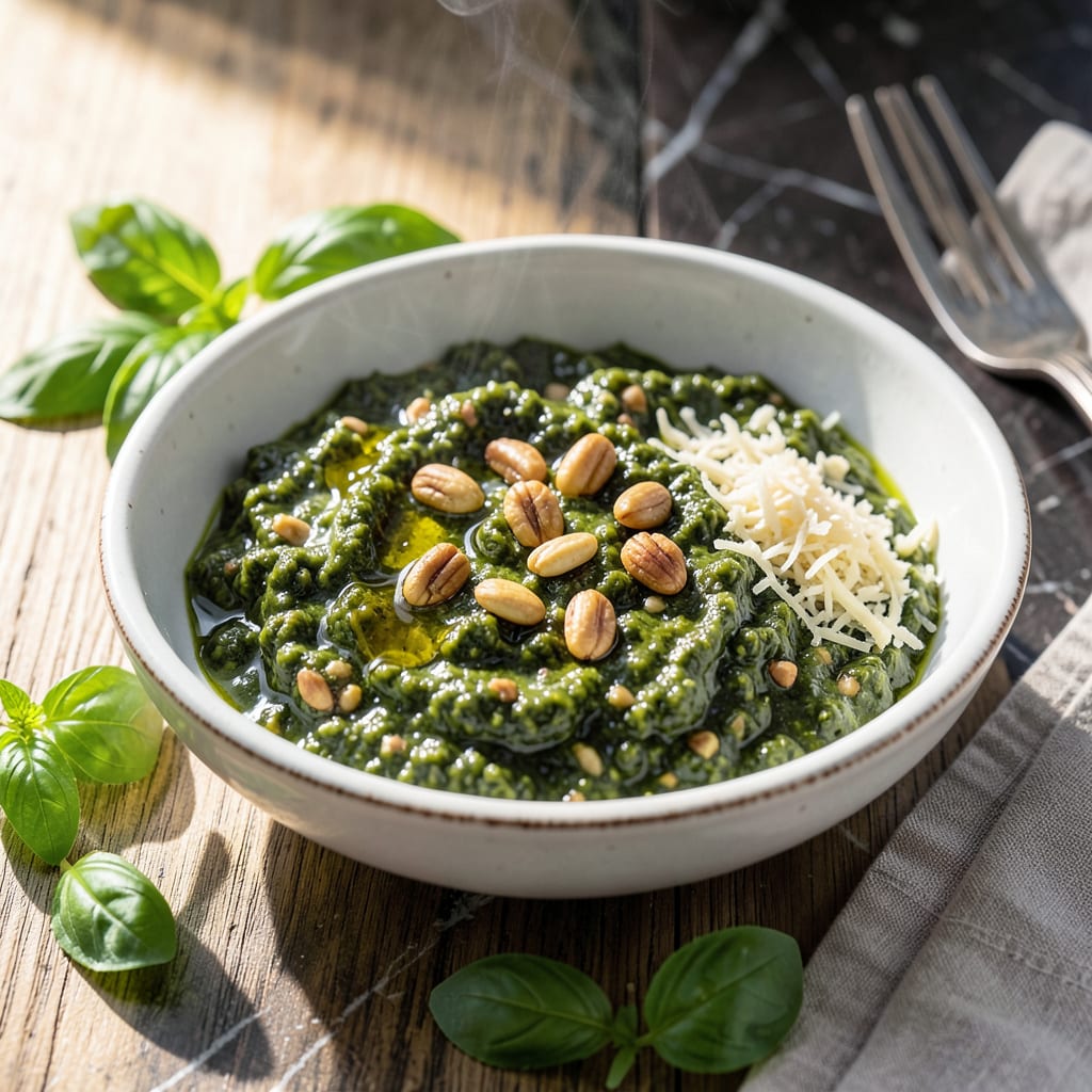 Homemade Pesto Sauce Recipe: Fresh Basil and Parmesan Blend example with annotations