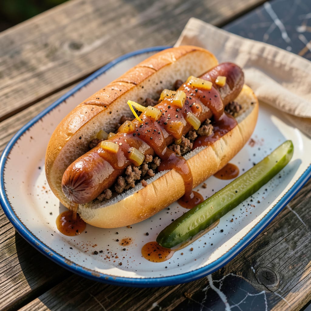Louie’s Hot Dog Sauce Recipe: Tangy, Meat Packed Topping for Game Day example with annotations
