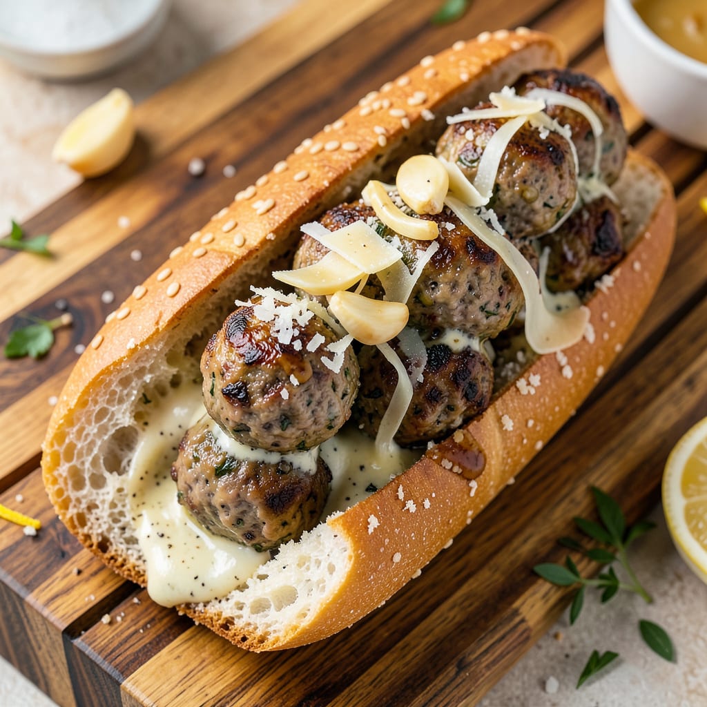 Visual representation of Meatball Sub Recipe Without Tomato Sauce: Garlicky White Wine Gravy Magic