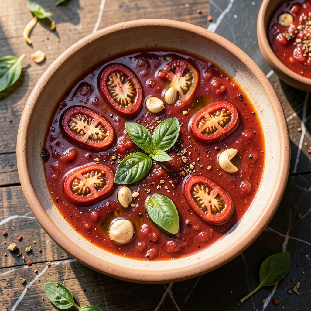 Visual representation of pizza sauce recipe from fresh tomatoes