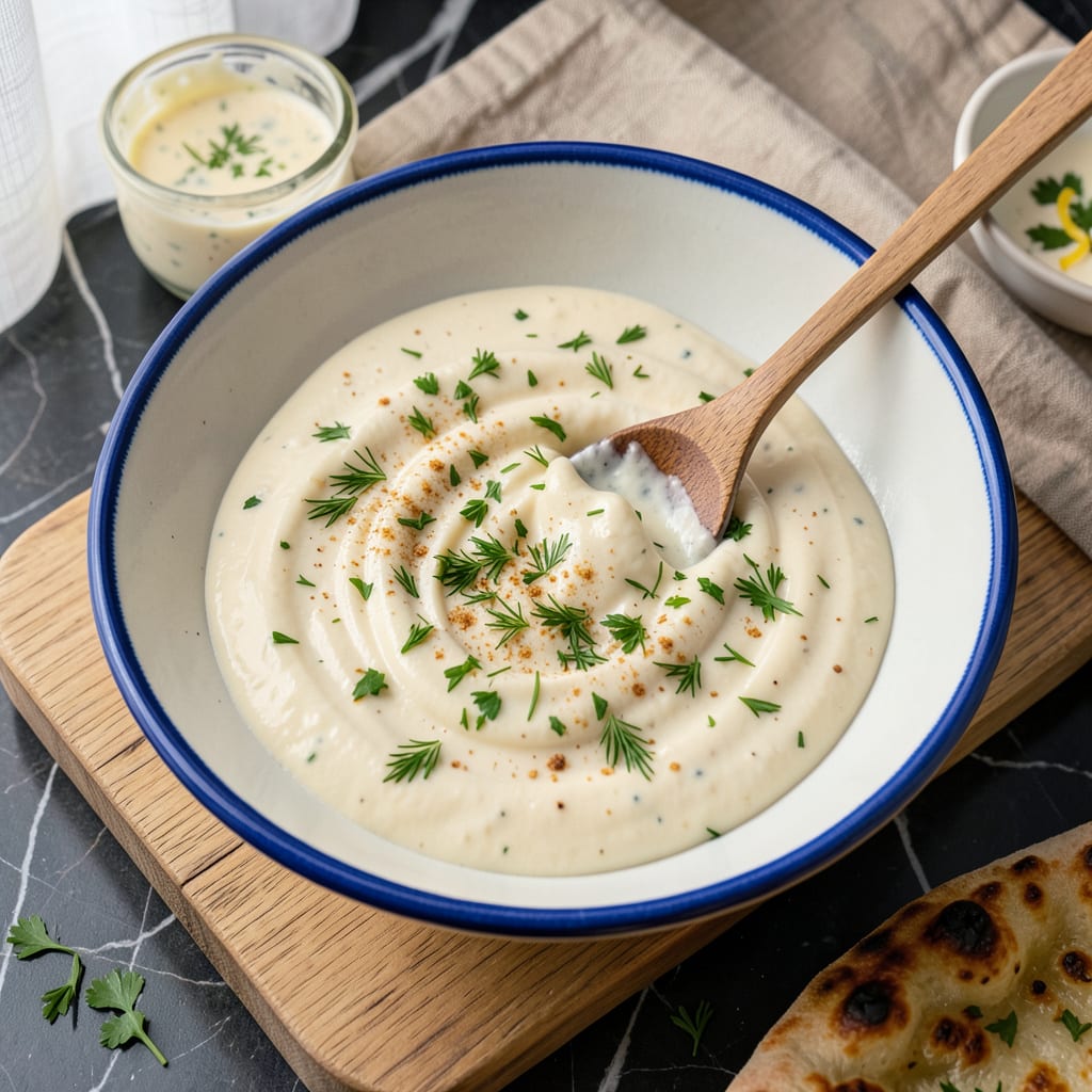 Visual representation of ranch sauce for pizza recipe