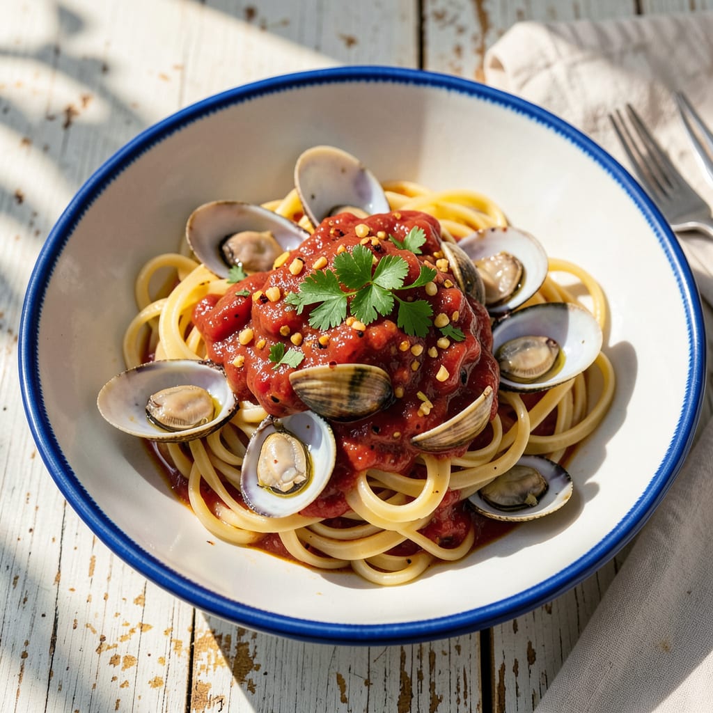 Visual representation of red clam sauce recipe