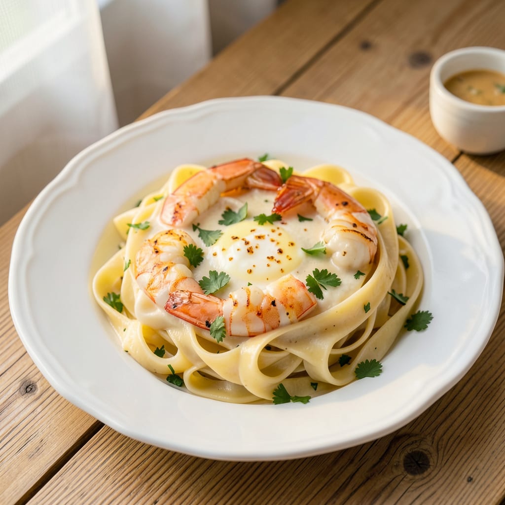 Complete shrimp alfredo pasta recipe with jar sauce overview image