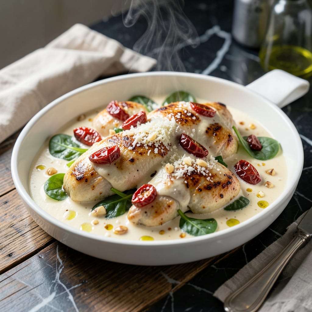 Tuscan Chicken Sauce Recipe: Sun Dried Tomato and Spinach Cream Blend example with annotations