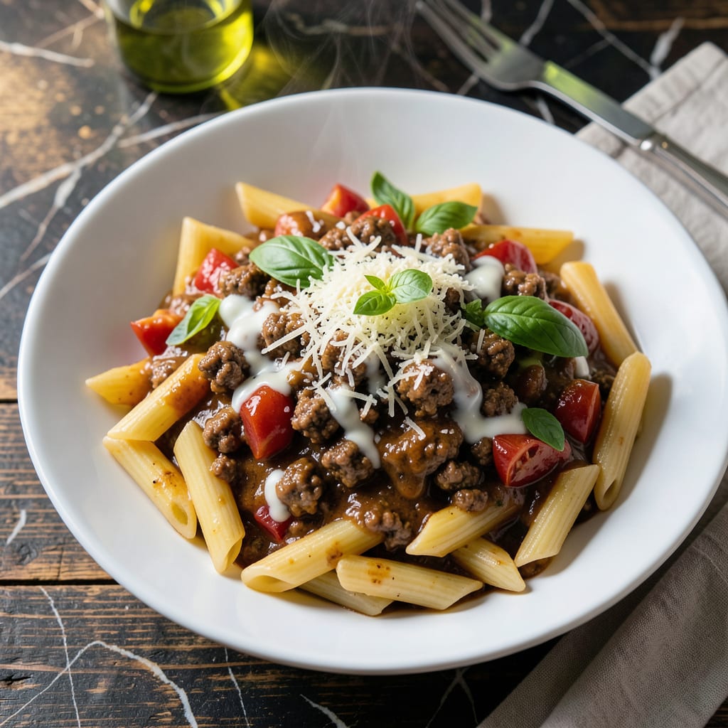 Vodka Sauce Pasta Recipe With Meat: Hearty Italian Indulgence with Ground Beef example with annotations