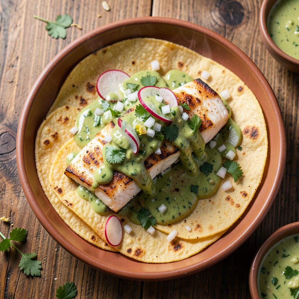 wahoo fish taco green sauce recipe illustration with key details