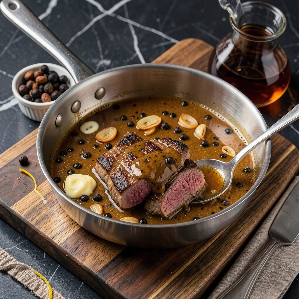 Whiskey Peppercorn Sauce Recipe: Rich, Creamy Steakhouse Glaze illustration with key details