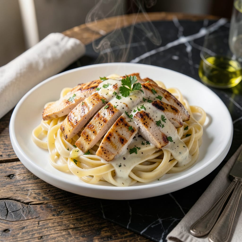 White Sauce Chicken Pasta Recipe: Velvety Cream With Herbed Chicken illustration with key details
